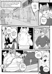 2018 anthro canid canine clothed clothing comic detailed_background dialogue digital_media_(artwork) duo_focus english_text greyscale group hair hi_res inside male mall mammal mangolynx monochrome narration overweight overweight_anthro overweight_male perspective pointy_speech_bubble shaded simple_shading speech_bubble standing surprise tape_measure text torn_clothing weight_gain