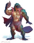 2023 4:5 abs anthro biceps biped bottomwear clothed clothing digital_media_(artwork) fur green_body green_fur hat headgear headwear hi_res male mammal monotreme muscular muscular_anthro muscular_male muscular_thighs open_clothing open_topwear pecs platypus quads shorts simple_background solo tail tan_body tan_fur taran_fiddler thick_thighs topwear torn_clothing wereplatypus weretober white_background