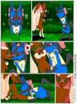 anthro black_body black_fur blue_body blue_fur blush canid canine clothing comic costume detailed_background duo dusty's_poke'adventure fellatio female forest fur generation_4_pokemon heart_symbol lagomorph lopunny lucario male male/female mammal nature nintendo oral outside penile plant pokemon pokemon_(species) sex tail teasing tree tydrian yellow_body yellow_fur