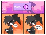 3_panel_comic absurd_res anthro band-aid band-aid_on_face band-aid_on_nose bandage bandage_on_face bandage_on_nose black_body black_fur cheek_tuft chest_tuft controller dialogue ellipsis english_text eyebrows facial_tuft fur game_controller grey_body grey_fur hi_res humor lagomorph leporid male mammal nick_(the_xing1) rabbit raised_eyebrow solo speech_bubble text tuft xing1