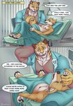 absurd_res anthro belly big_belly bluewoman canid canine canis dialogue dingo duo embarrassed english_text felid feline hi_res hospital impregnation male male/male mammal pantherine pregnant pregnant_anthro pregnant_male server_dingo shy size_difference stacked_impregnation text tiger