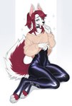 anthro bat blue_eyes clothing collar hair hi_res latex leather leather_collar looking_at_viewer male mammal paws peachmuffin ponytail red_hair shade_anris sitting solo sweater topwear white_body wingless_bat