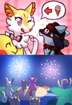 2014 ambiguous_gender anthro biped bow_ribbon braixen cheek_spots claws closed_smile dessert digital_media_(artwork) espurr eyelashes female feral finger_claws fireworks flavia-elric flavia_(flavia-elric) floating food generation_1_pokemon generation_3_pokemon generation_4_pokemon generation_5_pokemon generation_6_pokemon grass group hi_res ice_cream inkay louise_(flavia-elric) mouth_closed night nintendo one_eye_closed outside pikachu pink_eyes plant pokemon pokemon_(species) pokemon_mystery_dungeon purrloin red_cheeks red_eyes riolu scarf shadow smile snorlax sparkles spike_chunsoft toe_claws tongue tongue_out white_sclera yume_(flavia-elric) zangoose