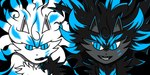 2:1 black_body blue_eyes blue_hair curled_hair digital_media_(artwork) domestic_cat duo felid feline felis fur grey_face hair hi_res humanoid male mammal phono phonoa pinching_cheeks smile spiky_hair subolek the_battle_cats white_body white_hair