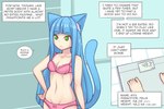 3:2 animal_humanoid blue_hair bottomwear bow_panties bow_underwear bra breasts cat_humanoid cleavage clothed clothing comic dialogue english_text felid felid_humanoid feline feline_humanoid female frown green_eyes hair humanoid inner_monologue mammal mammal_humanoid myu_(pixiveo) navel panties pink_bra pink_clothing pink_panties pink_underwear pixiveo solo speech_bubble standing tail teeth text thinking topwear underwear underwear_only