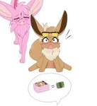 2022 absurd_res after_transformation alternate_species belly_nipples black_nose blush brown_body brown_fur cute_fangs dialogue duo eevee eeveelution espeon eyewear fangs female feral feral_transformation fur generation_1_pokemon generation_2_pokemon hi_res jaki-kun_(character) kipaki multi_nipple nintendo nipples open_mouth pink_body pink_fur pink_nose pokemon pokemon_(species) pornography shocked smile sunglasses teeth transformation