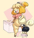 aloha_shirt animal_crossing anthro anthro_on_anthro big_butt bottomless bottomwear breasts butt butt_grab butt_size_difference butt_worship canid canine canis clothed clothing coin digital_media_(artwork) domestic_dog duo eyes_closed face_in_ass female femboy footwear furniture glistening hand_on_butt hi_res high_heels huge_butt isabelle_(animal_crossing) kissing_butt larger_female leaning leaning_forward looking_back male male/female mammal marshal_(animal_crossing) medium_breasts nintendo one_eye_closed open_mouth open_smile partially_clothed pattern_clothing pattern_shirt pattern_topwear pink_clothing pink_footwear pink_high_heels purple_yoshi_draws rear_view rodent sciurid shih_tzu shirt shoes shorts simple_background size_difference smaller_male smile spandex spandex_shorts stool tail thick_thighs tight_bottomwear tight_clothing tight_shorts topwear toy_dog tree_squirrel yellow_background yellow_body