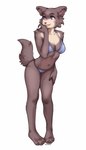 2023 absurd_res anthro beastars bikini blue_eyes brown_body brown_fur canid canine canis clothed clothing digital_media_(artwork) female fur hand_on_face hand_on_leg hand_on_own_leg hand_on_own_thigh hand_on_thigh hi_res juno_(beastars) leaning leaning_forward mammal navel skimpy skinny slim smile solo spuydjeks standing swimwear triangle_bikini two-piece_swimsuit underwear wolf