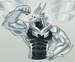 2022 abs anjing_kampuss anthro black_body digital_media_(artwork) dragon dragon_city eyes_closed flexing flexing_bicep front_view grey_body half-length_portrait hi_res horn male metal_dragon_(dragon_city) multi_horn muscular muscular_anthro muscular_arms muscular_male mythological_creature mythological_scalie mythology navel neck_spikes pecs portrait reptile scalie signature simple_background solo sparkles wings