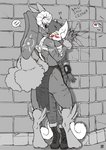 2020 2_tails 4_fingers ?! anthro big_breasts black_sclera blush bodily_fluids boots bottomwear bovid_horn breasts brick_wall caitlyn_(swordfox) caprine_horn chest_wraps clothing cracked_wall cracks crossover curled_horn damaged_wall dominant dominant_female duo exclamation_point fallout fallout:_pca felid feline female female_dominating_female fingers footwear generation_4_pokemon generation_6_pokemon heart_symbol hi_res horn jumpsuit lagomorph leporid loincloth long_ears lopunny maddi'maul_(s-nina) mammal markings meowstic microsoft multi_tail muscular muscular_female nintendo pinned pinned_to_wall pip-boy pokemon pokemon_(species) pokemorph ram_horn rear_view red_eyes s-nina scar shoes size_difference speech_bubble submissive submissive_female sweat sweatdrop tail tattoo text tribal tribal_markings tribal_tattoo wall_(structure) watermark wraps yellow_sclera