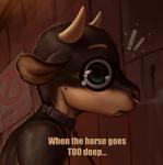 2018 anthro big_eyes bovid bovine cattle collar digital_media_(artwork) english_text exclamation_point facial_piercing googly_eyes horn humor impact_(font) leash male mammal nose_piercing nose_ring photonoko piercing reaction_image ring_piercing solo soul_devouring_eyes text