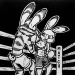 2022 abs absurd_res anthro black_and_white boxing boxing_gloves clothed clothing dipstick_ears disney duo ear_markings eye_contact female fighting_ring handwear hi_res inktober jack_savage judy_hopps lagomorph leporid looking_at_another male mammal midriff monochrome multicolored_ears muscular muscular_female rabbit sport theblueberrycarrots traditional_media_(artwork) zootopia