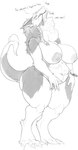 abdominal_bulge anthro belly big_breasts braided_hair breasts claws dialogue duo eyes_closed female fur hair hi_res kasdal leash long_hair navel neck_bulge nipples nude oral_vore sergal solo_focus swallowing teeth toe_claws vore