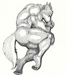 absurd_res anthro barazoku butt canid canine canis clawed_fingers claws dislyte eyewear feet freddy_(dislyte) fur hi_res hindpaw lilith_games lying male mammal monochrome muscular muscular_anthro muscular_male nude nude_anthro nude_male paws pinumontbalou solo sunglasses tail toe_claws wolf