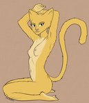 anthro areola bethesda_game_studios breasts colored countershading digital_drawing_(artwork) digital_media_(artwork) felid female female_anthro fur hands_behind_head hi_res johndoe8771 katia_managan khajiit kneeling looking_at_viewer mammal microsoft nipples nude plantigrade prequel_adventure side_view simple_background small_breasts smile solo tail the_elder_scrolls yellow_body yellow_fur