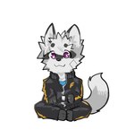 anthro asleepchef band-aid bandage bottomwear canid canine clothing fox fur grey_body grey_fur hair hi_res jacket looking_at_viewer male mammal pants purple_eyes shirt simple_background sitting smile smiling_at_viewer solo tail topwear