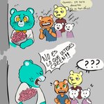 1:1 2023 achuchones_(unicorn_wars) anthro bear blue_body blush clothing coco_(unicorn_wars) comic dialogue dot_eyes flower gemelos_mimosin group hi_res mammal nekovid nervous orange_body plant shirt smoking sonrisas_(unicorn_wars) spanish_text text topwear translated unicorn_wars yellow_body