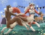 2006 accessory animal_genitalia bottomless breasts brown_body brown_fur brown_hair canid canid_taur canine canine_taur canis chakona_space circus_tent cleavage clothed clothing dancing dipstick_tail duo_focus fair female festival fireworks fox fox_taur fully_sheathed fur genitals group hair headband kacey kalika_(goldfur) life's_dream male mammal mammal_taur markings nude orange_body orange_fur outside romantic romantic_ambiance romantic_couple sheath sky tail tail_markings taur tent white_body white_fur white_hair wolf xander_(goldfur)