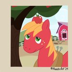 1:1 absurd_res apple barn big_macintosh_(mlp) digital_media_(artwork) equid equine feral food freckles friendship_is_magic fruit fur green_eyes hasbro hi_res horse looking_up male mammal munchzart my_little_pony object_on_head plant plow_yoke pony red_body red_fur smile solo tree