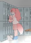 anthro bench blue_boots blue_clothing blue_footwear boots bottomwear bucket canid canine cleaning clothed clothing comic container digital_media_(artwork) ears_down female footwear fox fully_clothed fur fur_(theterm) hair hi_res inside locker locker_room long_hair mammal open_mouth pink_body pink_fur pink_hair pivoted_ears ponytail shirt shoes skirt solo tail tank_top theterm topwear vandalism washcloth young young_anthro young_female