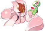 2024 anthro big_breasts breasts butt cinderace duo female fur gardevoir generation_3_pokemon generation_8_pokemon green_hair hair hi_res humanoid lagomorph mammal nintendo not_furry pokemon pokemon_(species) red_eyes saltyxodium simple_background white_body white_fur