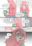 anthro canid canine clothed clothing comic dialogue digital_media_(artwork) emoji english_text female fox fully_clothed fur fur_(theterm) hair happy hi_res holding_clothing holding_object inside locker long_hair long_sleeve_shirt looking_at_viewer mammal night_(theterm) open_mouth pink_body pink_fur pink_hair scared scared_expression scared_face scarf simple_background solo tail teeth text theterm thought_bubble young young_anthro young_female