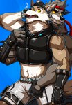 2023 absurd_res accessory anthro armpit_hair ball_grab balls belt black_clothing black_eyes black_topwear black_vest body_hair bottomwear brown_body brown_fur bulge bulge_grab canid canine canis clothing crotch_grab digital_media_(artwork) dire_(fortnite) drks duo ear_piercing epic_games fingerless_gloves fortnite from_behind_position fur genitals gloves grabbing_from_behind grey_body grey_bottomwear grey_clothing grey_fur grey_shorts grin grope handwear hat headband headgear headwear hi_res male mammal neck_tuft piercing sex shorts sleeveless_topwear slim_male small_waist smile surprised_expression tan_body tan_fur tongue tongue_out topwear tuft vest wendell_(fortnite) wolf yellow_eyes yellow_sclera zipper_topwear