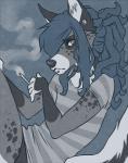 2014 ambiguous_gender angry anthro blue_hair canid canine cigarette clothing ear_piercing fox fur glare hair inky inner_ear_fluff jewelry long_hair mammal piercing raised_tail smoke smoking solo spiffybunny stripes tail tuft