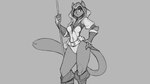 16:9 anthro boots breasts clothed clothing digital_drawing_(artwork) digital_media_(artwork) domestic_cat felid feline felis female footwear fur grey_background greyscale holding_melee_weapon holding_object holding_polearm holding_weapon hood mammal melee_weapon monochrome polearm shoes simple_background sketch solo topwear watsup weapon widescreen