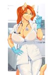 anthro big_breasts breasts cleavage clothed clothing doctor eyewear felid feline female galacticmichi glasses gloves green_eyes hand_on_hip handwear head_hair katrina_fowler latex latex_clothing latex_gloves latex_handwear mammal medical_instrument scientific_instrument solo stethoscope syringe