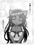 accessory anthro bell clothing collar domestic_cat felid feline felis female greyscale headband hi_res japanese_text lunarfroxy maid_uniform mammal manga_style monochrome nova-aurora solo text uniform vtuber