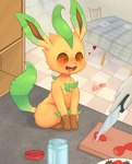 absurd_res ackee chair clothing container cutting_board eeveelution fangs feral food fruit furniture generation_4_pokemon gloves handwear heart_symbol hi_res jar knife leafeon nintendo plant plate pokemon pokemon_(species) strawberry table teeth