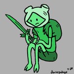 1:1 adolescent adventure_time backpack cartoon_network clothing darkcyndoge demon elemental_creature elemental_humanoid fern_(adventure_time) flora_fauna frown green_body green_clothing grey_background hi_res holding_object holding_weapon humanoid looking_down male melee_weapon plant plant_humanoid simple_background sitting solo sword weapon young