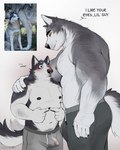 absurd_res anthro arm_hair big_pupils blush body_hair bottomwear bulge canid canine canis chest_hair clothed clothing cutaway detailed_bulge dialogue dilated_pupils domestic_dog duo english_text erection erection_under_bottomwear erection_under_clothing genital_outline happy_trail hi_res husky husky_and_wolf_meme larger_male male male/male mammal muscular muscular_anthro muscular_male nastybearz navel nipples nordic_sled_dog pants pecs pubes pupils reference_image size_difference smaller_male spitz stare sweatpants tenting text topless topless_male wolf yellow_sclera