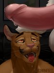 3:4 ahegao anthro balls bodily_fluids cougar dripping drooling duo felid feline genital_fluids genitals hand_on_head hi_res humanoid_genitalia humanoid_penis looking_pleasured looking_up male male/male mammal open_mouth penis precum precum_drip saliva shenanart tongue tongue_out