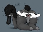 anus backsack balls black_hair bodily_fluids disembodied_hand eyes_closed femboy genitals hair humanoid lagomorph lonely_cri looking_back male mammal rear_view simple_background spread_anus spreading sweat tail