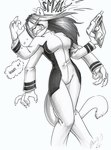 2012 4_arms anthro breasts chakona_space clothed clothing cougar eyes_closed felid feline female fur gun hair lizardbeth long_hair mammal monochrome multi_arm multi_limb ranged_weapon risha_demar solo uniform violence weapon