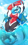 2024 absurd_res anthro artist_name big_breasts blue_eyes breasts cetacean claws clothed clothing cloud coral_dragon_(rainbowwave) digital_media_(artwork) dolphin dragon ears_down fangs feet female hair hair_over_eye hi_res holding_object horn hybrid lifeguard lifeguard_swimsuit long_hair mammal marine membrane_(anatomy) membranous_wings mythological_creature mythological_scalie mythology navel non-mammal_breasts oceanic_dolphin one-piece_swimsuit open_mouth open_smile orca partially_submerged penelope_(rainbowscreen) pivoted_ears rainbowscreen scalie sky smile solo swimwear tail teeth thick_thighs toe_claws toes tongue toothed_whale water wide_hips wings