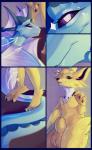 2019 absurd_res animal_genitalia anthro anthrofied balls comic conditional_dnp digital_media_(artwork) eeveelution elvche female generation_1_pokemon genitals hi_res jolteon male nintendo paws penis penis_tip pokemon pokemon_(species) sheath smile smirk tail vaporeon