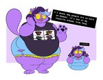 4_fingers absurd_res anthro belly big_belly big_butt breasts butt catty_(undertale) clothing dabloons_(meme) dialogue ear_piercing ear_ring felid female fingers freckles fur gorillaz hair hand_on_cheek happy heartbreak_k hi_res highlights_(coloring) mammal obese obese_anthro obese_female open_mouth overweight overweight_anthro overweight_female piercing purple_body purple_fur purple_hair ring_piercing simple_background solo tail text text_on_clothing thick_thighs torn_clothing undertale_(series) yellow_eyes