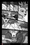 anthro antlers beastars bottomwear canid canine canis cervine clothing comic deer denim denim_bottomwear denim_clothing duo electronics furniture hi_res hoodie horn inside jeans legoshi_(beastars) louis_(beastars) male male/male mammal pants phone red_deer scar shirt sitting sofa spiritd surprise surrealism text text_on_clothing text_on_hoodie text_on_topwear thinking thoughtful_expression ticket topwear wolf