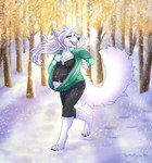 2018 anthro aria_(moonwolf728) belly big_belly black_clothing black_topwear canid clothed clothing fangs female fur glistening glistening_eyes hair hi_res jacket jogging long_hair mammal monotone_body monotone_fur open_clothing open_jacket open_mouth open_smile open_topwear outside pink_eyes pink_tongue plant pregnant pregnant_anthro pregnant_female smile snow snowing solo tail teeth tiggybloom tongue topwear tree white_body white_ears white_fur white_hair white_tail