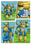 2022 abs animal_humanoid anthro armor bandai_namco biceps big_muscles blue_body butt clothed clothing colored comic digimon digimon_(species) digital_drawing_(artwork) digital_media_(artwork) evolution evolution_(transformation) flexing flexing_bicep grass headgear helmet hi_res horn horned_helmet humanoid magnamon male mask muscular muscular_arms muscular_legs muscular_male muscular_thighs nude outside partially_clothed pecs plant red_eyes regulartf scalie scalie_humanoid sequence solo species_transformation tail tail_motion tailwag transformation transformation_sequence transformation_through_technology wireframe yellow_armor