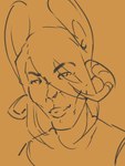 2024 2_horns clothing hair hi_res horn humanoid humanoid_face lagomorph leporid lips long_hair looking_at_viewer mammal meme monochrome portrait rabbit rabbit_ears sepia shirt simple_background sketch solo spikedmauler spikedmauler_(fursona) thick_lips topwear yellow_background