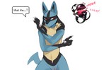 2024 andromorph anthro bassenji black_hands blue_body blue_fur chest_spike claws dialogue english_text fur generation_4_pokemon genitals hi_res intersex lucario nintendo pokeball pokemon pokemon_(species) portrait pussy red_eyes simple_background solo sound_effects speech_bubble spikes spikes_(anatomy) standing tan_body tan_fur text three-quarter_portrait white_background