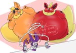 2022 >///< >:3 animate_inanimate anthro balloon blush blush_lines buoyantbliss_(character) chapeon dialogue eeveelution flareon gag generation_1_pokemon generation_6_pokemon helium_tank hi_res hose_in_navel hose_inflation hyper hyper_inflation implied_popping inflatable inflation latex_body living_balloon living_inflatable nintendo nozzle nozzle_on_belly onomatopoeia orange_body pokemon pokemon_(species) profanity raddykal red_body sound_effects speech_bubble sylveon tape tape_gag text