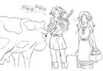 big_breasts blush blush_lines bovid bovine breast_expansion breasts cattle clothing expansion eyes_closed female feral gameplay_mechanics group hair hat headgear headwear humanoid humanoid_pointy_ears hylian link male malon mammal milk monochrome musical_instrument nintendo ocarina ocarina_of_time open_mouth pointy_ears pointy_hat sepiascribe simple_background smile standing teats the_legend_of_zelda trio udders wide_eyed wind_instrument