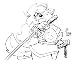 2023 4_fingers anaugi angry anthro areola asian_clothing breasts canid canine canis clothed clothing domestic_dog east_asian_clothing english_text female fingers frown hachimitsu hair hair_over_eye holding_object holding_weapon japanese_clothing katana kimono looking_at_viewer mammal melee_weapon monochrome nipples one_breast_out one_eye_obstructed ponytail scar signature simple_background sketch solo sword sword_sheath text weapon white_background