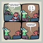 anthro border brown_clothing brown_shirt brown_topwear clothed clothing comic confident confusion dialogue dozendav duo english_text feezle_(dozendav) four_frame_image furniture green_body green_border green_horn green_scales hi_res horn kobold loss male meme motch_(dozendav) on_sofa overalls pink_clothing pink_shirt pink_topwear red_body red_horn red_scales scales scalie shirt sitting sitting_on_sofa sofa speech_bubble text topwear