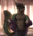 2024 abs anthro athletic athletic_anthro athletic_male bedroom_eyes belt biped black_body black_fur black_hair bottomwear canid canine clothing curtains denim denim_bottomwear denim_clothing digital_media_(artwork) fox fur green_body green_fur grin hair inside jeans kilobytefox koul light looking_at_viewer male mammal muscular narrowed_eyes neck_tuft obliques pants pattern_clothing pecs plaid plaid_clothing seductive smile solo spiky_hair sunlight tail tan_body tan_fur teeth tuft underwear undressing undressing_self whiskers